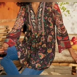 Soft Surroundings Western Asteria Brown Embroidered Beaded Tasseled Top Size S